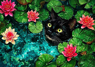 Black Cat in Water Lily Pond