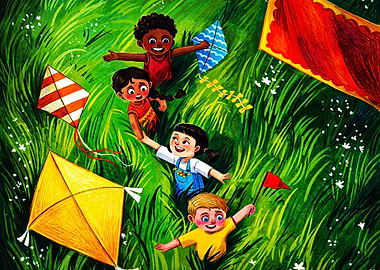 Children Playing with Kites in Grass