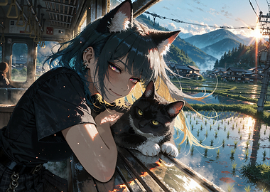 Anime Cat Girl on Train with a Cat in Japanese Countryside