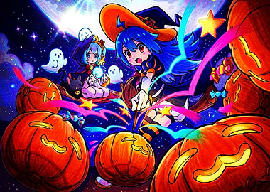 Anime Halloween Witches and Pumpkins