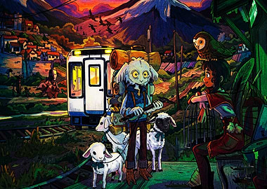 Fantasy Traveler with Sheep and Owl