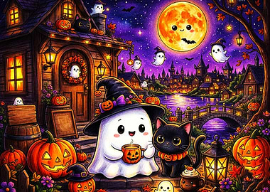 Cute Ghost and Cat Halloween Scene