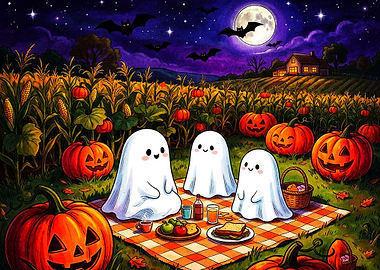 Cute Ghosts Having a Halloween Picnic