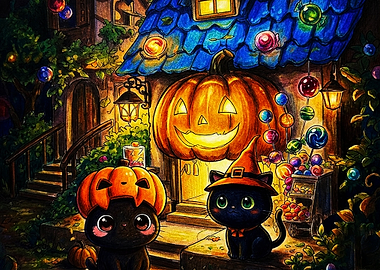 Cute Halloween Cats with Pumpkins