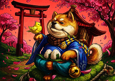 Shiba Inu Samurai with Onigiri