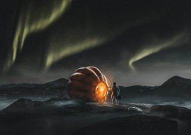 Astronaut at a Glowing Pumpkin Shelter