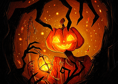 Jack-o'-lantern character with glowing lantern