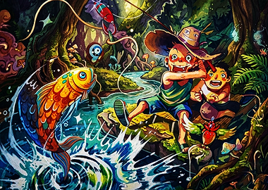 Two Boys Fishing in Magical Forest