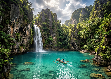 Tropical Waterfall Lagoon with Outrigger Boat