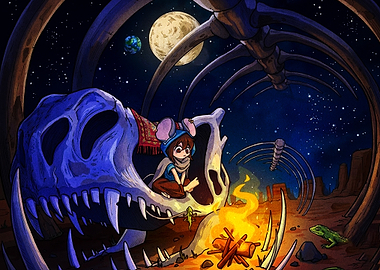 Mouse Girl Camping in Dinosaur Skeleton