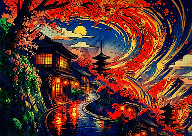 Vibrant Japanese Temple Nightscape