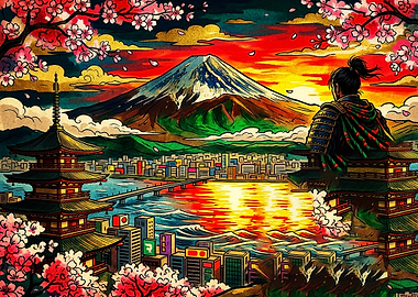 Samurai Overlooking Mount Fuji Cityscape