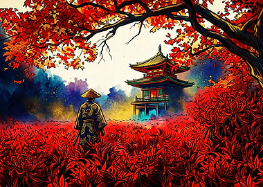 Samurai in Red Spider Lily Field