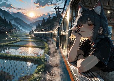 Anime Cat Girl Riding Through Japanese Village on Train at Beautiful Sunset