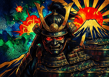 Fierce Samurai Warrior with Mount Fuji