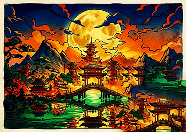 Vibrant Japanese Temple Under Full Moon