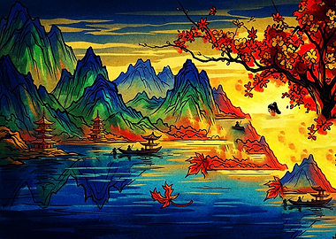 Vibrant Autumn Landscape with Pagodas