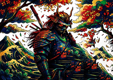 Vibrant Samurai Warrior in Autumn Landscape