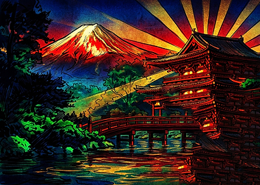 Vibrant Mount Fuji and Temple Scene