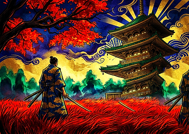 Samurai Standing Before Ancient Pagoda