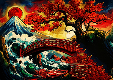 Mount Fuji and Red Bridge Landscape