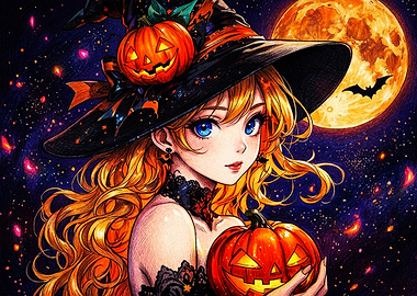 Anime Witch with Halloween Pumpkins