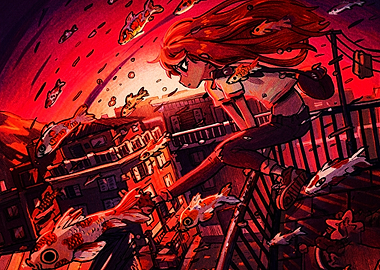 Anime Girl Swimming Through Red Sky