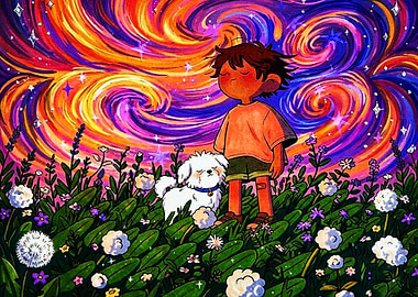 Boy and Dog in Starry Field