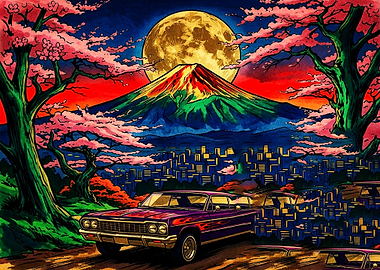 Lowrider Car Under Mount Fuji