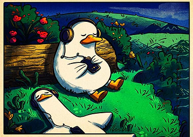 Ducks Relaxing with Music Outdoors