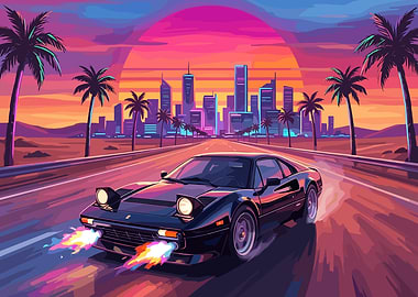 Synthwave Sports Car Driving at Sunset