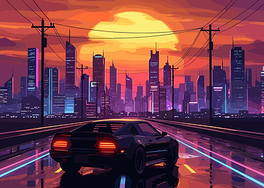 Retro Synthwave Sports Car Cityscape