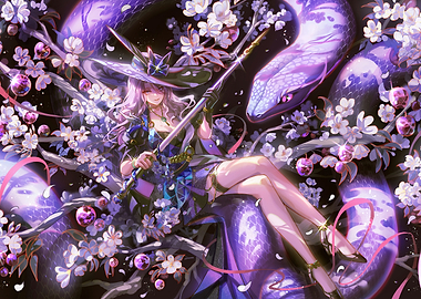 Anime Witch with Giant Purple Snake