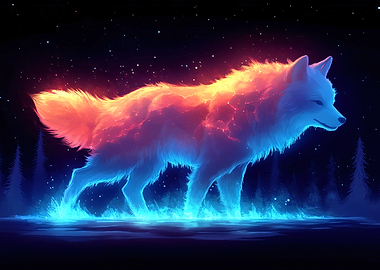 Glowing Neon Fire and Ice Wolf