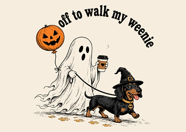 Ghost Walking a Dachshund Halloween Illustration