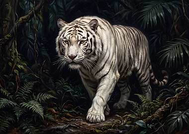 Majestic White Tiger in Dark Jungle