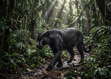 Black Panther in Rainy Jungle
