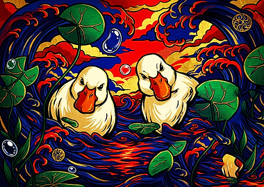 Angry Ducks in Ukiyo-e Style