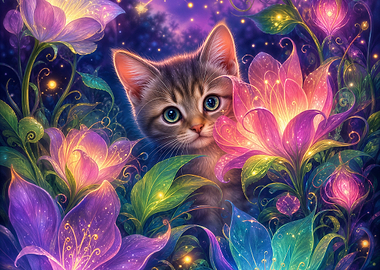 Cute Kitten in Magical Glowing Garden