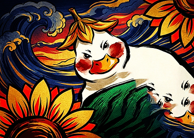 Stylized Duck with Sunflowers and Waves