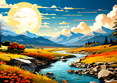 Vibrant Mountain River Landscape Illustration