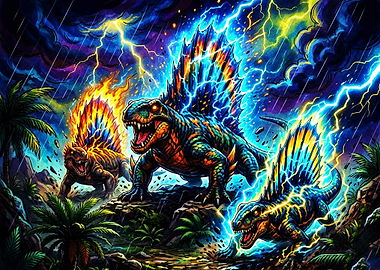 Electric Dimetrodon Dinosaurs in Storm