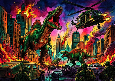 Dinosaurs Attacking a Burning City