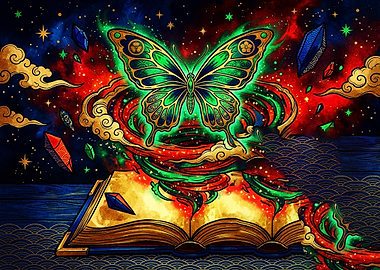 Magical Butterfly Emerging from Ancient Book