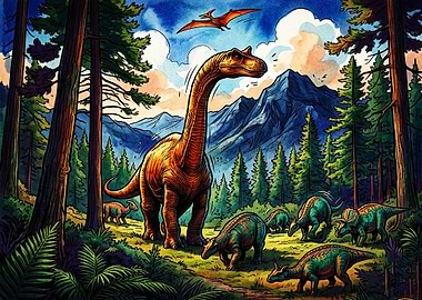 Prehistoric Dinosaur Landscape Illustration