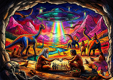 Surreal Prehistoric Chess Match with UFOs