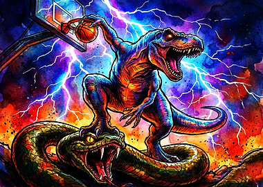 T-Rex Dunking Over Snake
