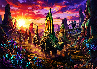 Alien Creatures in Vibrant Landscape