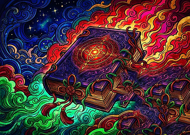 Magical Grimoire in Psychedelic Clouds