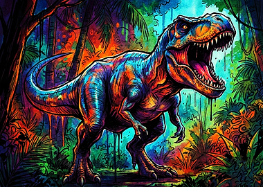 Colorful Psychedelic T-Rex in Jungle